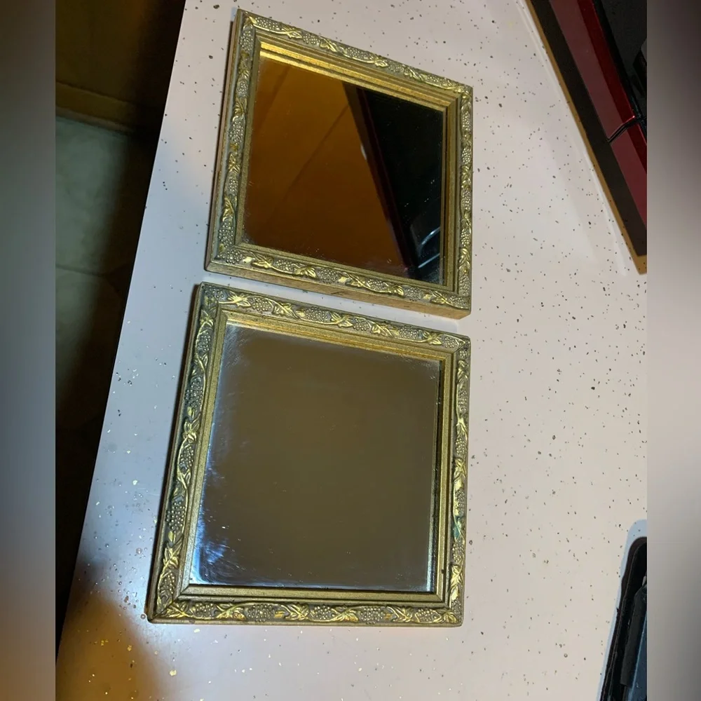 pair of vintage Home Interiors (Homco) square accent mirrors featuring an ornate